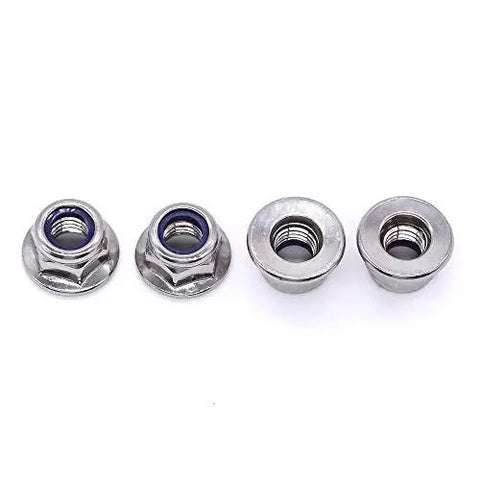 Four M8 X 1.25mm Nylon Insert Flange Hex Lock Nuts, 304 Stainless Steel, Blue Nylon, Bright Finish, Coarse UNC Thread DIN6926 A2-70 on white background