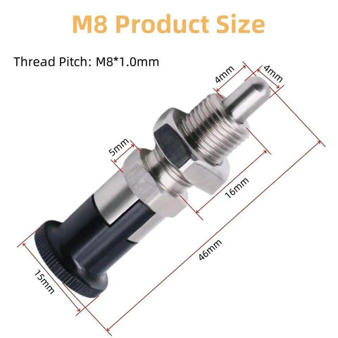 Diagram of Two Pack Stainless Steel Push Fit Ball Nose Spring Plungers with dimensions; M8 thread, 16mm length, 4mm pin diameter.