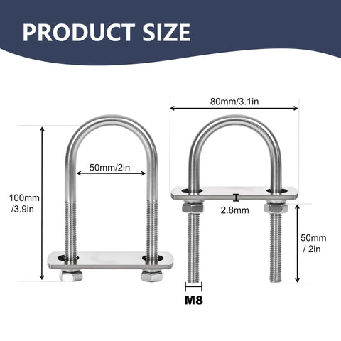 Set of 8 M8 U Bolts in 304 Stainless Steel With Nuts Washers and Bolt Plate 50mm Wide by 100mm Long Corrosion Resistant Mounting Hardware diagram