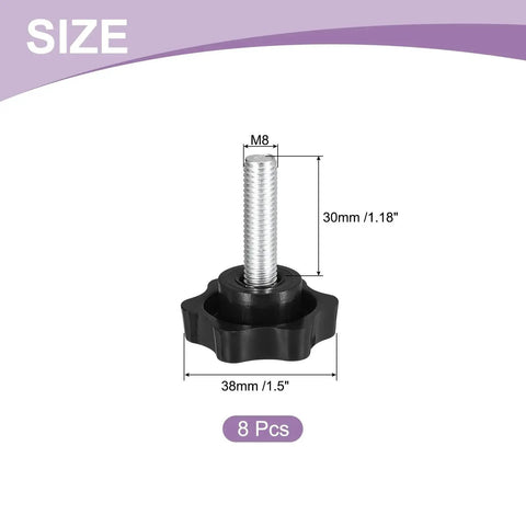 Eight Pieces M8 X 30mm Star Knobs With Plastic Hex Shaped Clamping Design, metal core, size dimensions shown