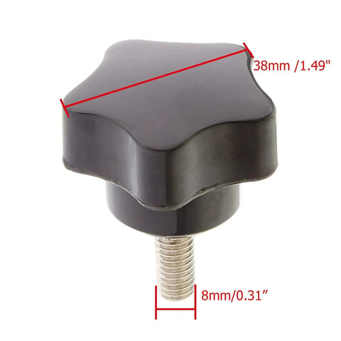 Close-up of 10Pcs M8 X 20mm Star Knob Set, star screw hand knob with black thermoplastic grip and stainless steel bolt for machine tools.