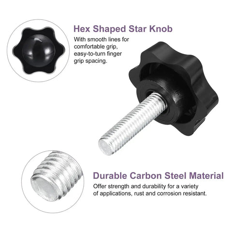 Close-up of Eight Pieces M8 X 30mm Star Knobs with Plastic Hex Shaped Clamping Design for hand tightening and metal core, galvanized finish.