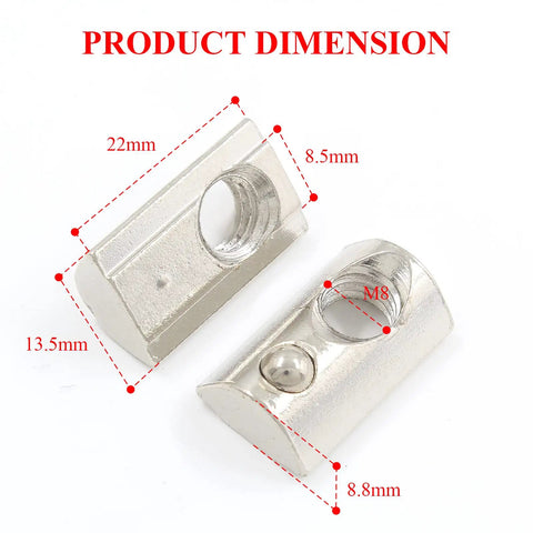Product dimensions of 24 Pack Roll In Spring Loaded M8 T Nuts For 4040 Aluminum Extrusion, with size measurements labeled in image.
