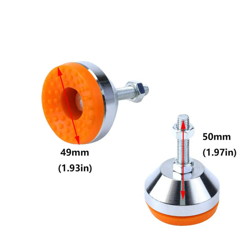 M8 thread adjustable leg levelers with a 2 inch leveling screw and 600 lb capacity shown with orange rubber anti skid pads