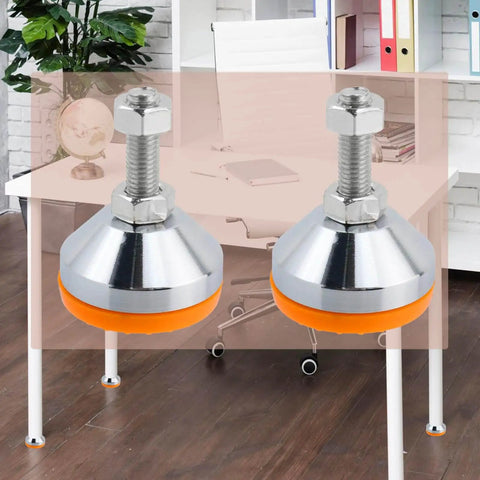 Image of M8 thread adjustable leg levelers with a 2 inch leveling screw and 600 lb capacity installed on a desk