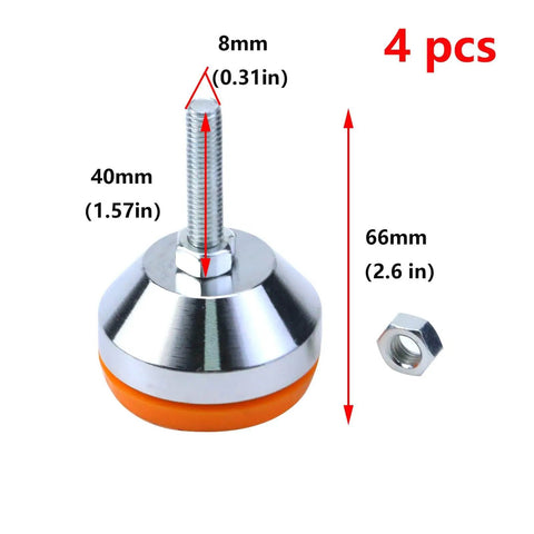 Adjustable M8 thread leg leveler with 2 inch leveling screw and carbon steel base, shown with dimensions and rubber pad.
