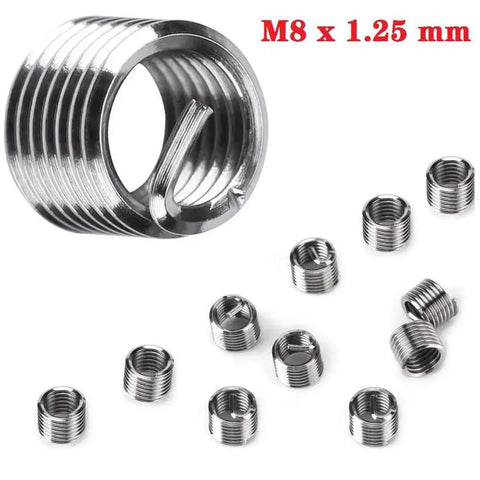 30 Piece M8 x 1.25mm Stainless Steel Thread Repair Kit With 25 Inserts for auto repair, showing multiple helicoil inserts close-up.