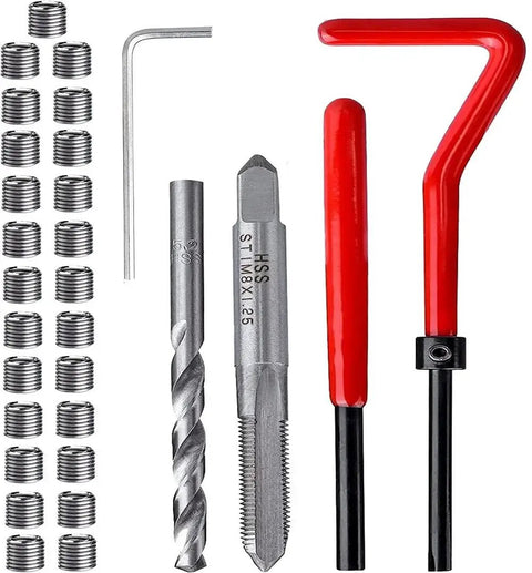 30 Piece M8 x 1.25mm Stainless Steel Thread Repair Kit With 25 Inserts, lug breaker tool, M8 tap, and 8.3mm drill bit shown.