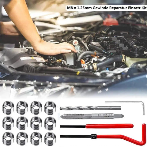30 Piece M8 x 1.25mm Stainless Steel Thread Repair Kit With 25 Inserts For Auto Repair Helicoil Coil Compatible and tools displayed on car engine