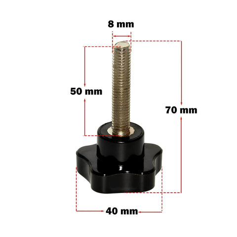 M8 Threaded Hand Knob 50mm Long 38mm Diameter With Metal Insert, star-shaped with visible thread and dimensions, front view.