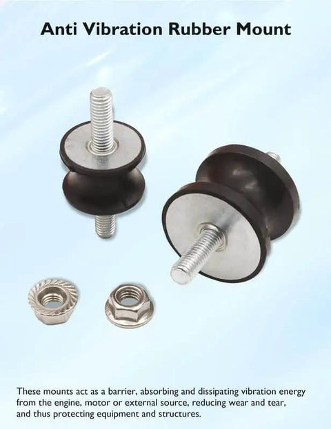 Efficient M8 vibration isolation mounts with rubber waisted design, showing two mounts and hex lock nuts for secure installation.