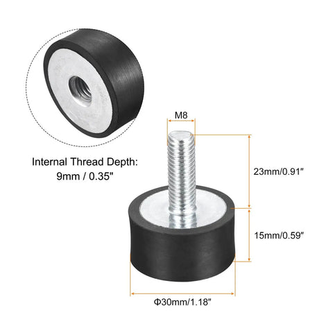 Close-up of Rubber Mounts 8 Pieces M8 Male Female Vibration Isolator Shock Absorber, D30mm x H15mm, zinc plated, with thread depth details.