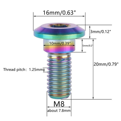 ✝️ UHDFBDHF 6 PCS M8 x 20mm Titanium Bolt Motorcycle Rear Brake Rotor Bolt Screw for Yamaha (Rainbow) with size details