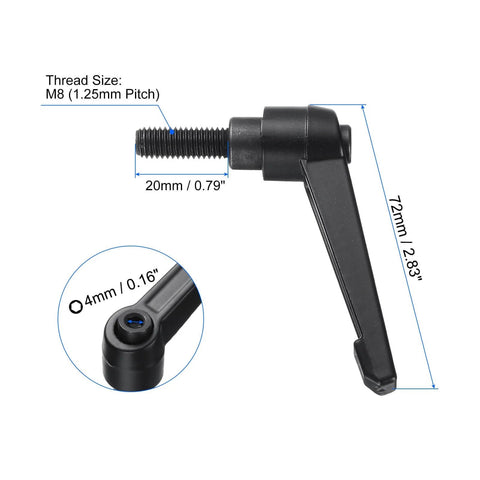 4 Pack M8 X 20mm Clamping Lever Handles With Quick Release Locking Black Oxide Carbon Steel, showing dimensions and thread size