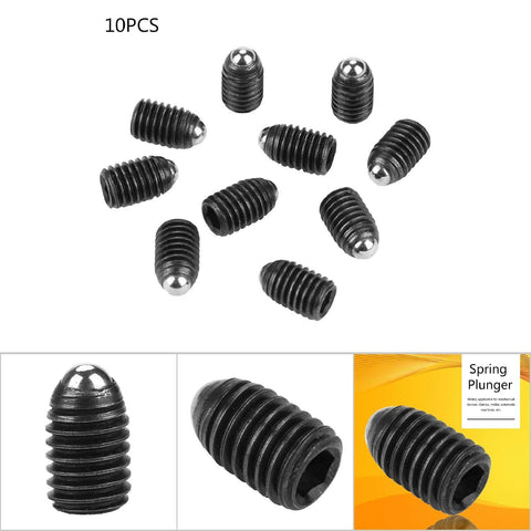 10pcs M8 (M8x12) Screw Thread Hex Socket Carbon Stainless Steel Ball Drive Spring Plungers Set Push Fit, front and close-up views.