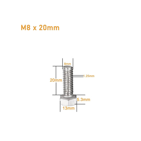 M8 20mm Hex Bolts and Nuts Kit 304 Stainless Steel 10 Pack With Flat Washers and Spring Lock Washers, bolt dimensions shown