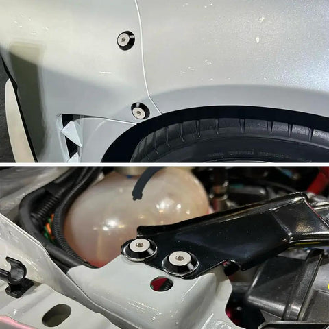 Close-up of installed 24-Piece M8x24mm Anodized Aluminum Tapered Washer Kit for Exterior Dress Up on vehicle body and engine bay.