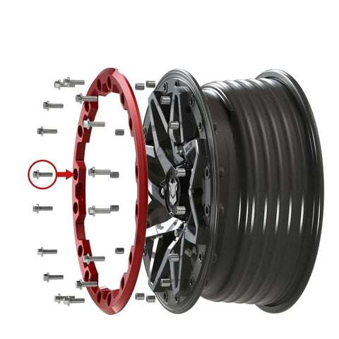 Exploded view of a beadlock wheel with 16pcs M8*25 Beadlock Bolt Kit, Silver, showing installation on ATV/UTV wheel components.