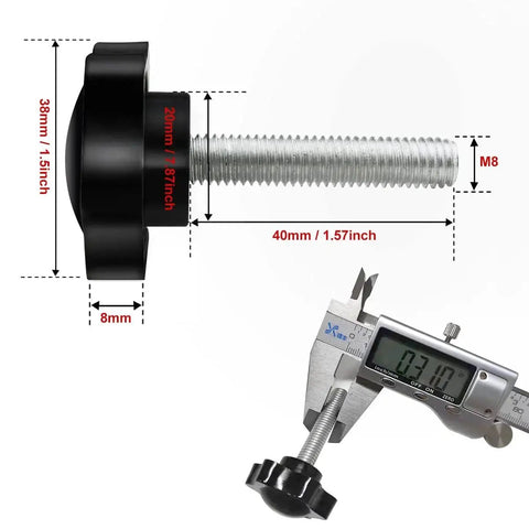 Side view of Five Piece M8x40mm Star Hand Knob Replacement Set showing dimensions with plastic head and galvanized steel thread