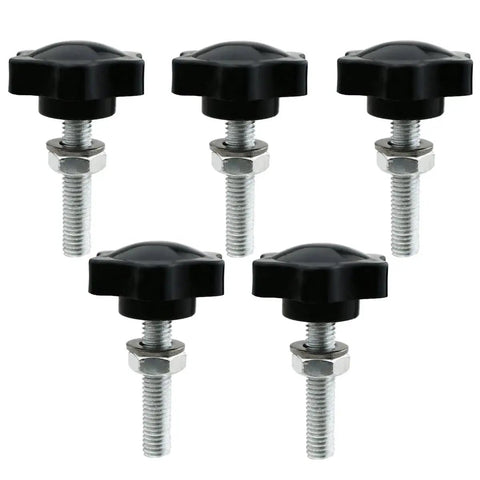 Five Piece M8x40mm Star Hand Knob Replacement Set for machine tools and umbrella bases, plastic head, galvanized steel thread.