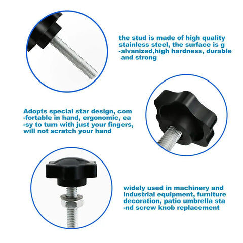 Five Piece M8x40mm Star Hand Knob Replacement Set with plastic head and galvanized steel thread, ideal for machine tools and umbrella bases.
