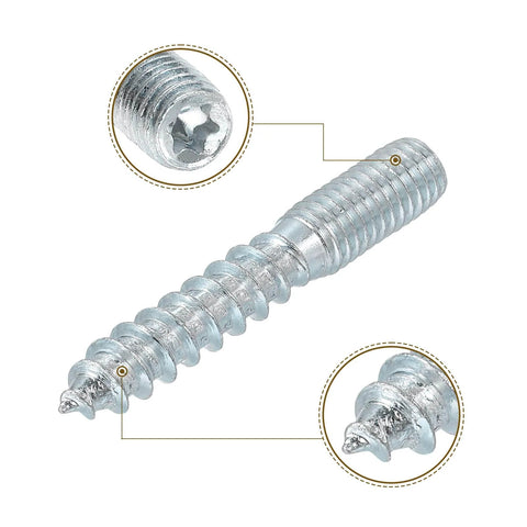 Close-up of a metal M8x50mm hanger bolt with wood dowel screw feature, hex socket drive, and self-tapping threads for furniture assembly.