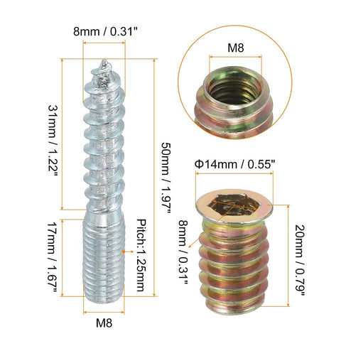 Dimensions of M8x50mm hanger bolts with 8pcs 31mm wood dowel screw and M8x20mm threaded insert nuts for joint furniture legs.