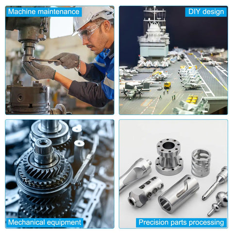 Collage of machine maintenance, DIY design, mechanical equipment, and precision parts processing images.