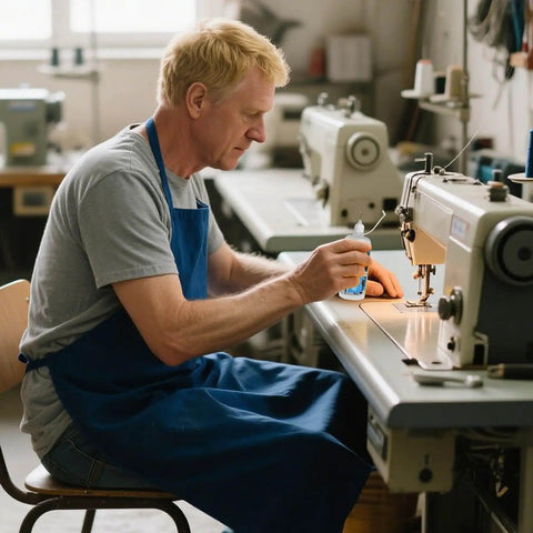Man applying High Heat Multi Purpose Machine Oil for Commercial and Home Use to a sewing machine in a workshop.