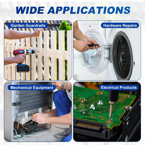 Illustration of wide applications using M2-0.4 x 4mm Flat Torx Head Machine Screws in garden guardrails, hardware repairs, and electronics.