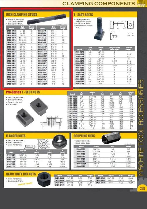 Catalog page featuring inch clamping studs, including Alloy Steel Stud 5/8-11 Thread 3 Inch Length Black Oxide Finish