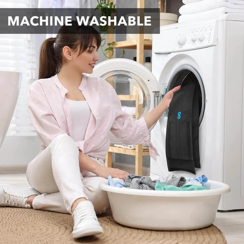 Woman placing Two Sided Under Door Draft Stopper For Bottom Gap Fits 30 To 36 Inch Wide Doors With Quick Install No Drill No Tape in washing machine