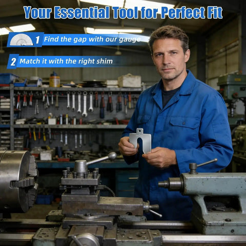 Machinist holding a shim from 156 Piece Pro Grade Stainless Steel Slotted Shim Kit For Leveling And Machining in workshop