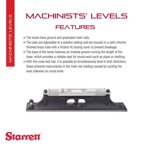Starrett Model 98 12 Inch Machinists Level with Ground Vial on Cast Iron Base for Precision Machining in Machine Shop and Tool Room