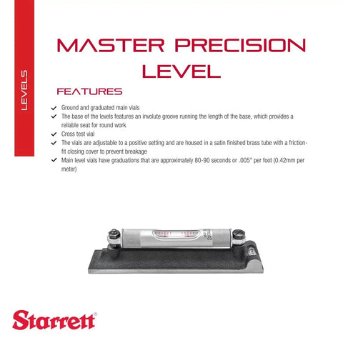 Starrett 98-6 Machinists Level With Ground And Graduated Main Vial for precise alignment, pro-grade cast iron base, adjustable vial knob