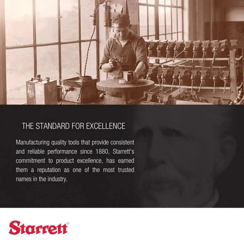 Vintage image of a machinist with text highlighting Starrett's excellence in manufacturing quality tools since 1880.