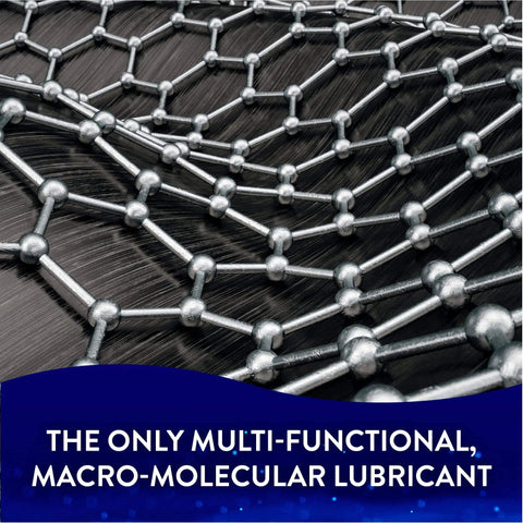 Macro-molecular lubricant structure illustration with blue overlay, highlighting multi-functional capabilities.