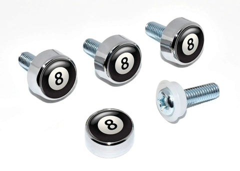 Magic 8 Ball Chrome Plated License Plate Screw Cap Covers Set Of 4, rust-resistant finish, weatherproof, easy snap-on installation.