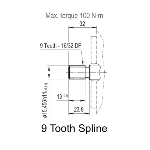 Technical drawing of a 9 Tooth Spline for Magister Hydraulic Gear Pump, showcasing dimensions and spline details.