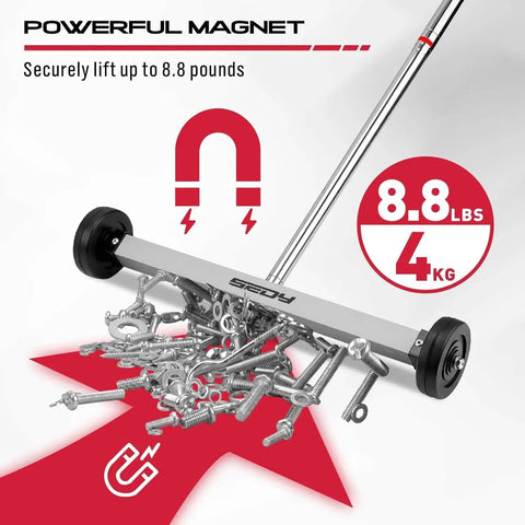 Effortless floor cleanup with a 17 inch heavy‑duty magnet sweeper lifting nails with 8.8 lb capacity and telescoping handle