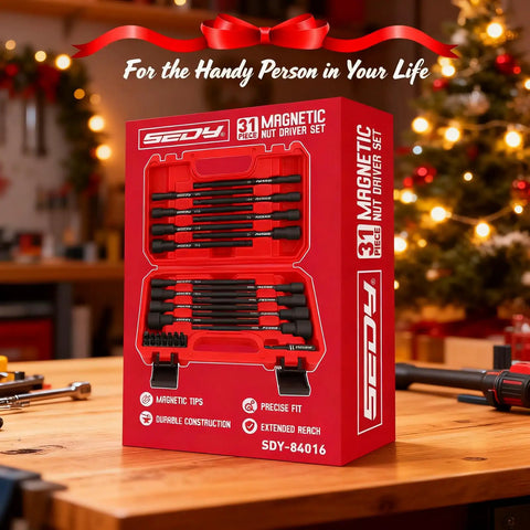 Impact Nut Driver Bit Set, 31-Piece Magnetic Socket Kit For Drill in packaging on a workbench with holiday decor