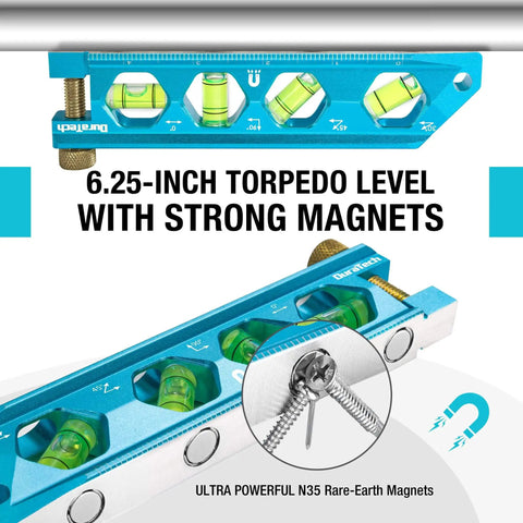 Magnetic 6.25 Inch Torpedo Level With 0 Degree 30 Degree 45 Degree 90 Degree Bubbles V Groove Large Viewing Window Aluminum Alloy Body Hanging Hole SAE And Metric Scale For DIY Projects And Home Use Duratech