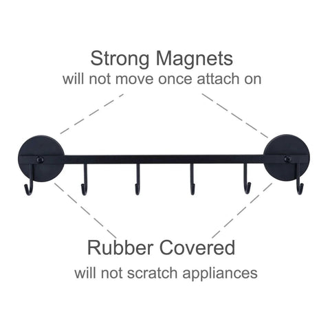 Front view of 6 Hooks Magnetic Utensil Holder Utensil Rack Tool Hanger Organizer for Refrigerator, Metal Cabinet, Metal Stove, Grill, BBQ showing strong magnets and rubber coating.