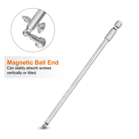 Ball End Hex Screwdriver Bit Set Four Millimeter H4 With One Quarter Inch Hex Shank And Six Inch Long Magnetic Ball Head Bits Made From S2 Steel Metric Screwdriver Bits For Precision Assembly Ideal For Automotive Electronics And Furniture Projects, showing magnetic capability.