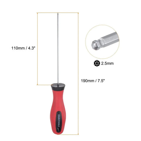 Ball End Hex Screwdriver Magnetic Ball End With 2.5mm Hex Bit 190mm Total Length 110mm Rod S2 Steel displayed in measurements