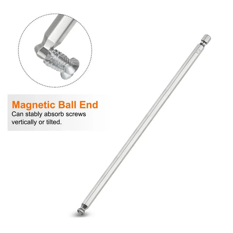 Long Magnetic Ball End Hex Screwdriver Bit Set Two Piece 6mm Hex With One Fourth Inch Shank And 200mm Length, close-up of ball end