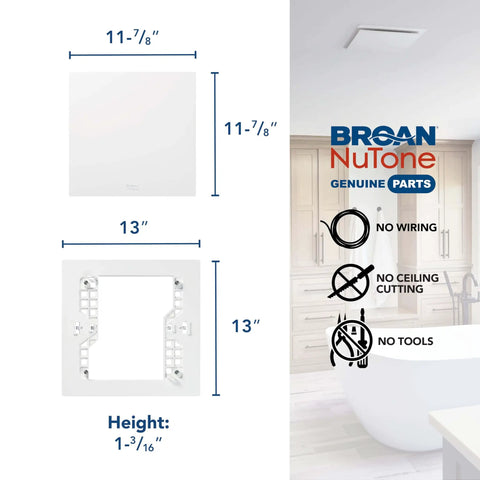 Diagram showing Magnetic Universal CleanCover Bath Fan Replacement Grille dimensions and installation details for Broan NuTone fans.