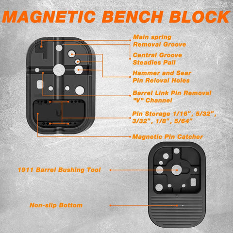 Image of magnetic bench block with labeled grooves and slots, part of Pin Punch Set With Hammer And Roll Pin Tools In Chrome Vanadium Steel.