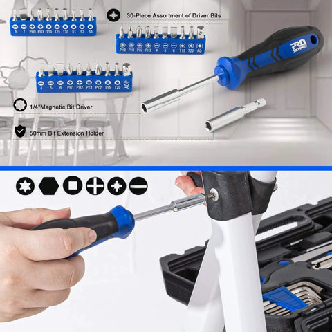 160-Piece Home Repair Tool Kit With Toolbox, Durable Chrome Steel Tools And TPR Grips, includes screwdriver set in blue case