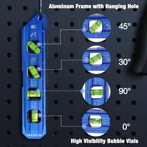 Magnetic 8 Inch Torpedo Level With Four Vials For 0 90 45 30 Degree Angles Aluminum Alloy Body Hands Free On Iron Surfaces High Accuracy 0.5mm Per Meter Cobalt Blue By WORKPRO displaying angles on pegboard